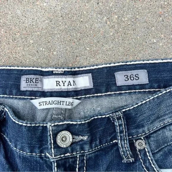 BKE Ryan 36S Distressed Dark Wash Straight Leg Jeans